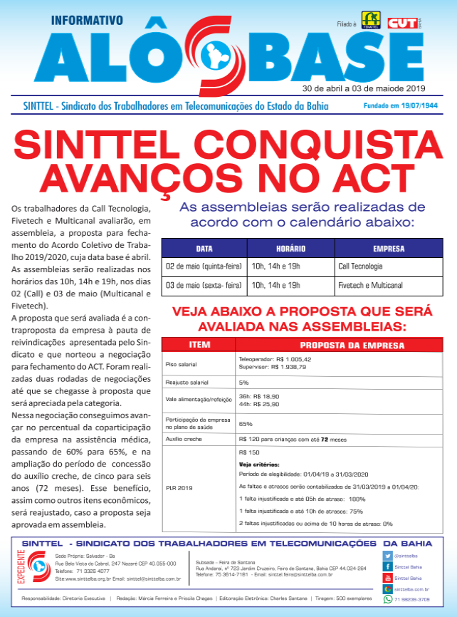 Sinttel conquista avanÃ§os no ACT da Call Tecnologia, Fivetech e Multicanal